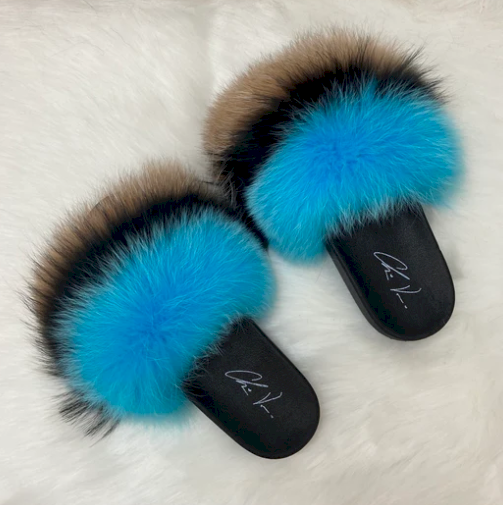 Blue and white online fur slides