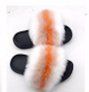Poofty Fur Slide Slipper Sandal - White Tan Orange Striped