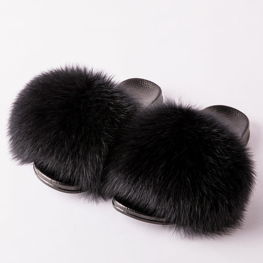 Poofty Fur Slide Slipper Sandal Black-Solid