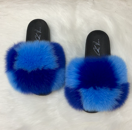 Poofty Fur Slide Slipper Sandal Blue-Checkered