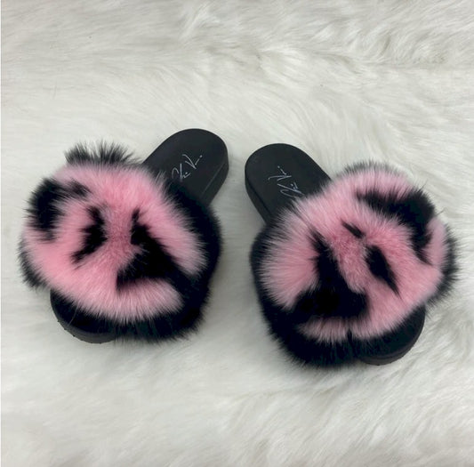 Poofty Fur Slide Slipper Sandal -Pink and Black-Striped