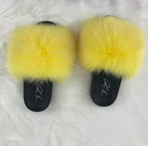Poofty Fur Slide Slipper Sandal - Solid Yellow