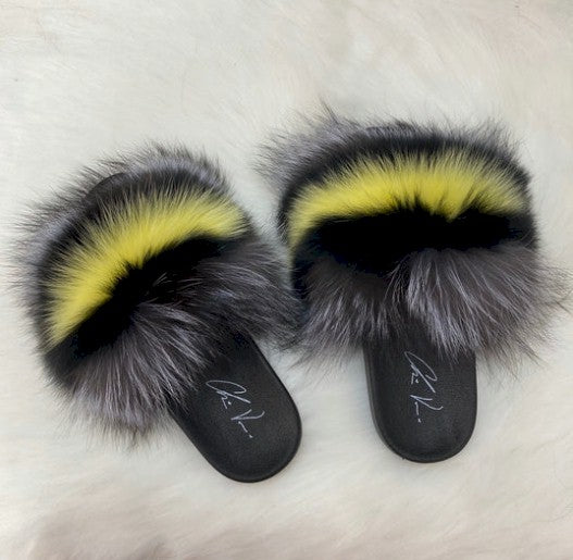 Poofty Fur Slide Slipper Sandal - Yellow and Black-Striped