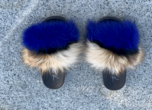 Poofty Fur Slide Slipper Sandal - Dark Blue Tan and Black Striped