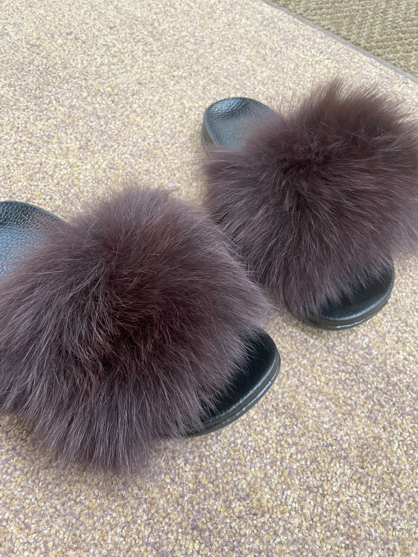 Poofty Fur Slide Slipper Sandal Dark Brown-Solid