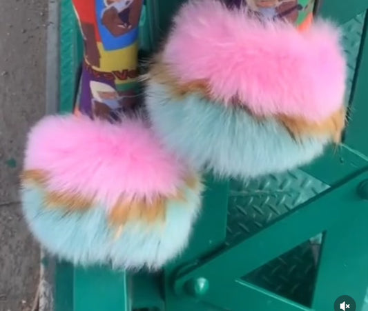 Poofty Fur Slide Slipper Sandal - Teal Tan and Pink Striped