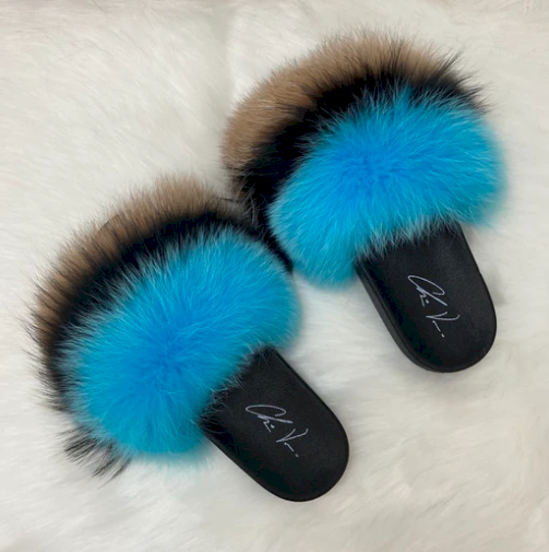 Poofty Fur Slide Slipper Sandal -Light Blue, Tan and Black-Striped