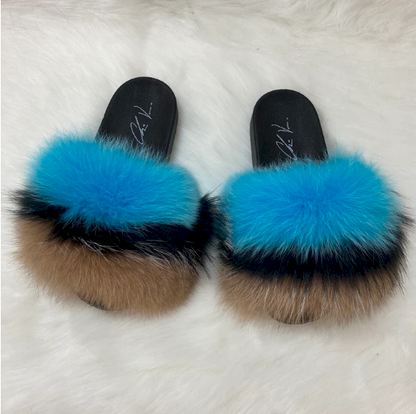 Poofty Fur Slide Slipper Sandal -Light Blue, Tan and Black-Striped