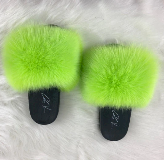 Poofty Fur Slide Slipper Sandal Lime Green - Solid
