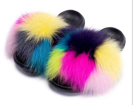Poofty Fur Slide Slipper Sandal -6X Multi Color-Checkered