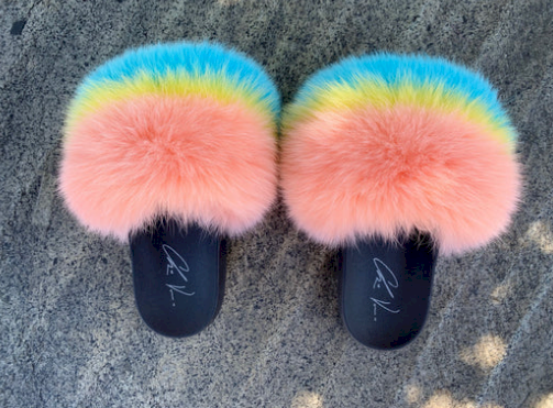 Poofty Fur Slide Slipper Sandal - Pink Yellow Blue-Striped
