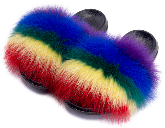 Poofty Fur Slide Slipper Sandal Rainbow-Striped