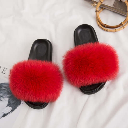 Poofty Fur Slide Slipper Sandal Red-Solid