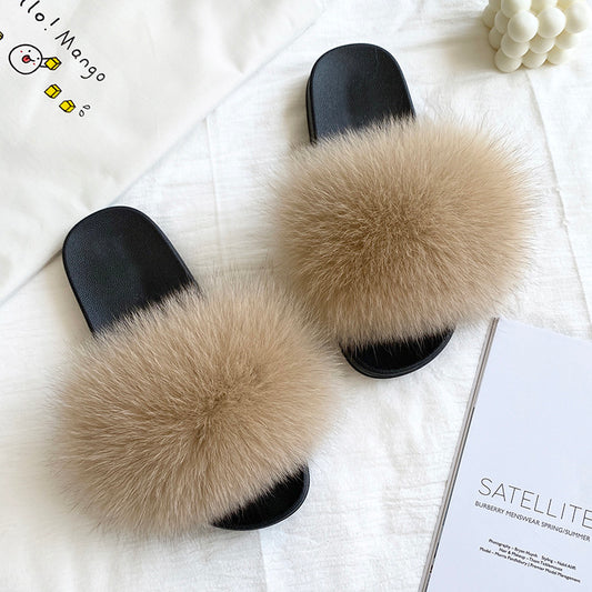 Poofty Fur Slide Slipper Sandal Camel Tan-Solid