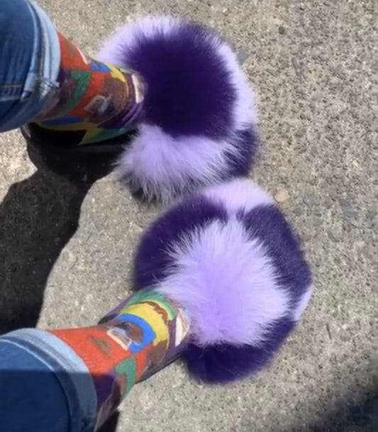 Poofty Fur Slide Slipper Sandal Purple-Checkered