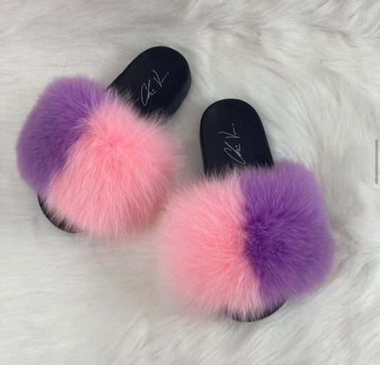 Poofty Fur Slide Slipper Sandal - Purple and Pink-Striped